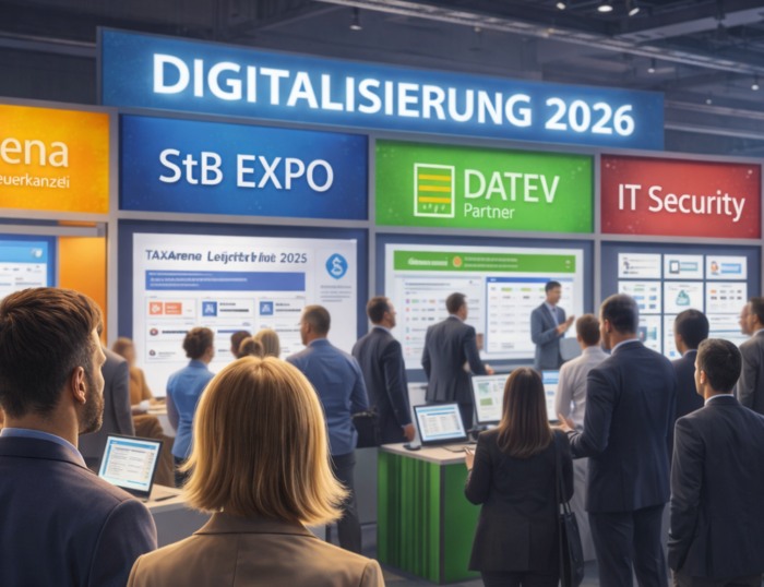 Steuerkanzlei-Team auf Digitalisierungsmesse 2026 vergleicht TAXarena, StB EXPO und IT-Sicherheitsangebote