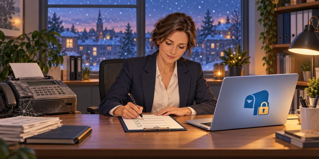 Steuerberaterin hakt am Schreibtisch eine Prüfliste ab; links ein Faxgerät mit Spinnweben, rechts ein Laptop mit Postfach-Symbol und Schloss.