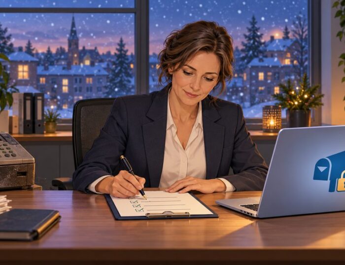 Steuerberaterin hakt am Schreibtisch eine Prüfliste ab; links ein Faxgerät mit Spinnweben, rechts ein Laptop mit Postfach-Symbol und Schloss.