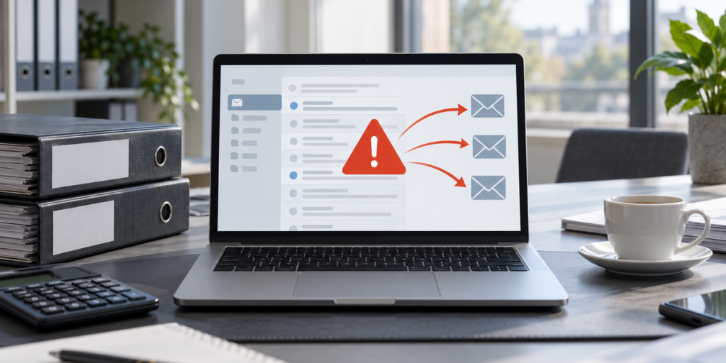 Laptop auf einem Kanzleischreibtisch, auf dem Bildschirm ein E-Mail-Postfach mit Warnsymbol und Pfeilen, die Nachrichten nach außen leiten